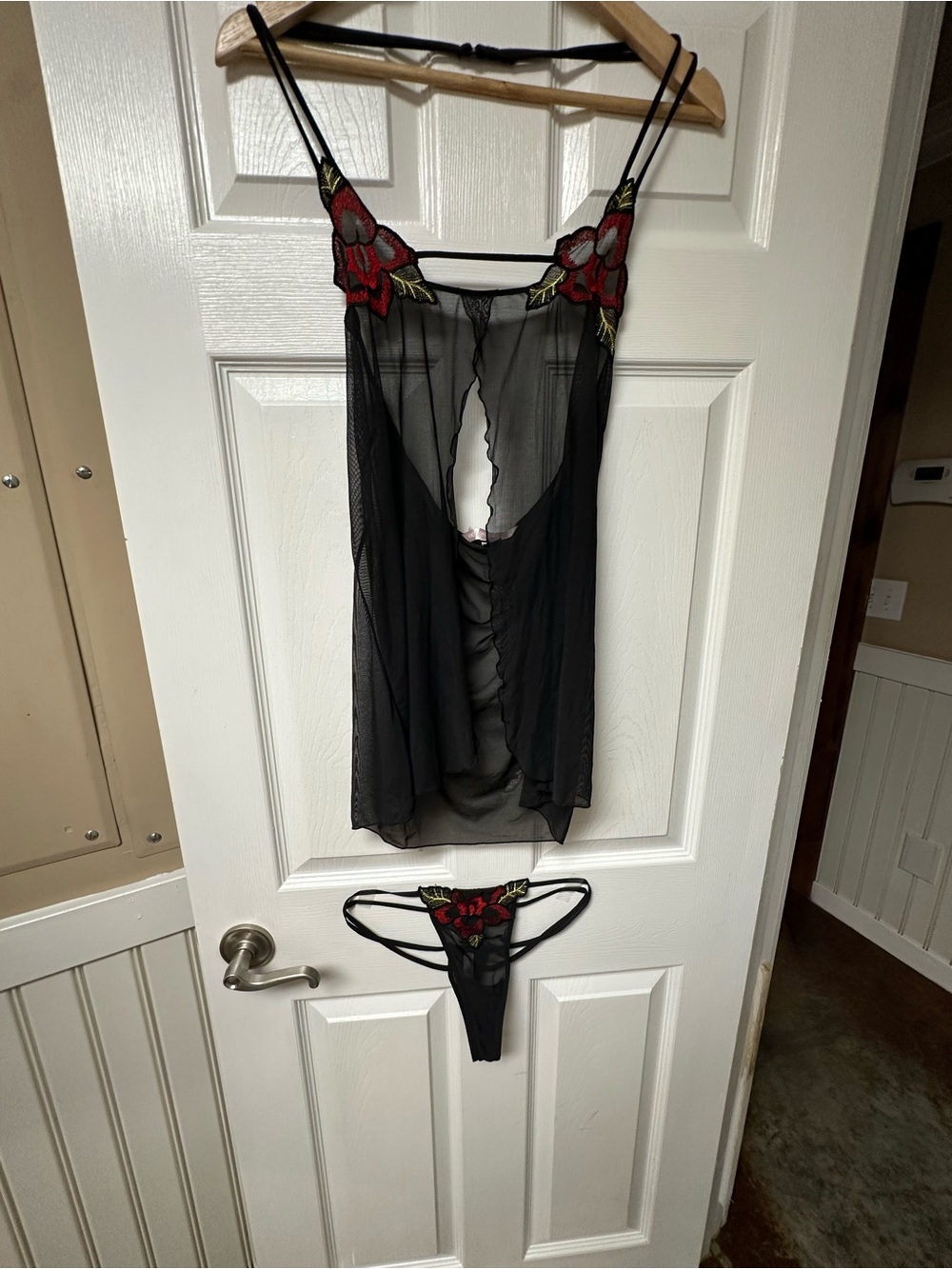 Victoria's Secret Black Sheer Chemise with Red Floral Appliqué
